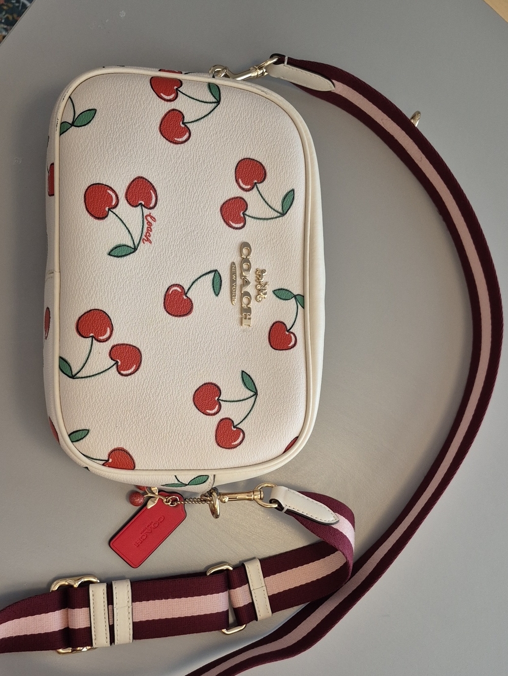 Cream  COACH Cherry Print Crossbody Bag with Striped Strap